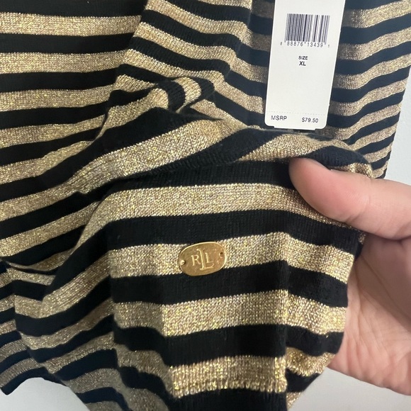 New Lauren Ralph Lauren black and gold shimmer striped turtleneck sweater XL - Picture 3 of 6